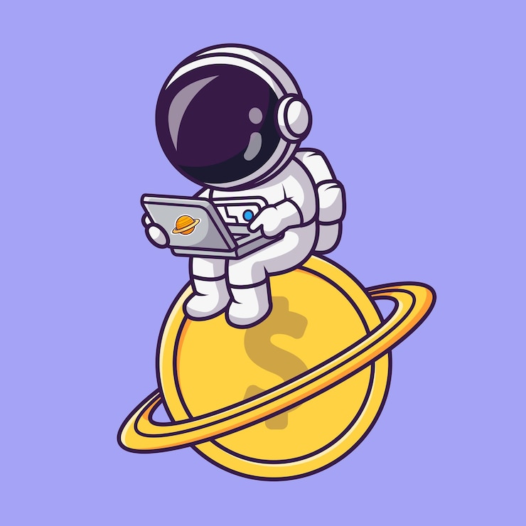 Vettore gratuito carino astronauta galleggiante con lavoro su laptop cartoon icona vettore illustrazione. tecnologia scientifica