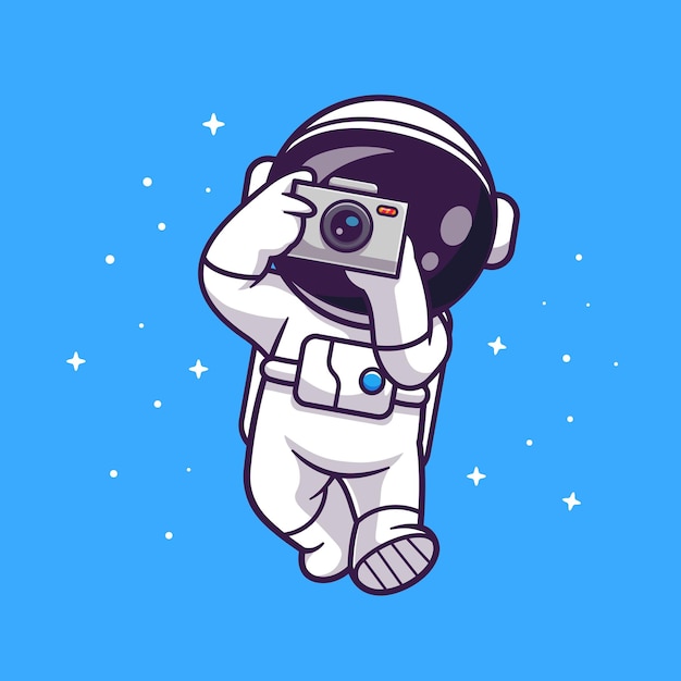 Carino astronauta scattare foto con la fotocamera nello spazio Cartoon vettore icona illustrazione. Scienza Tecno