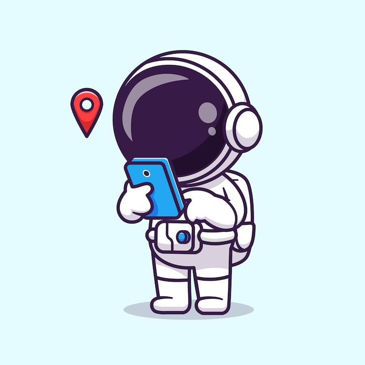 Vettore gratuito carino astronauta tenendo il telefono con posizione mappa cartoon icona vettore illustrazione scienza tecnologia