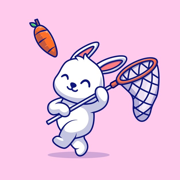 Carino coniglio cattura carota con rete da pesca Cartoon icona vettore illustrazione. Icona della natura animale