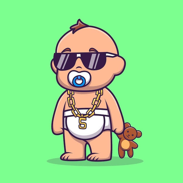 Carino Cool Baby Holding Teddy Bear Doll Cartoon icona vettore illustrazione persone vacanze isolate
