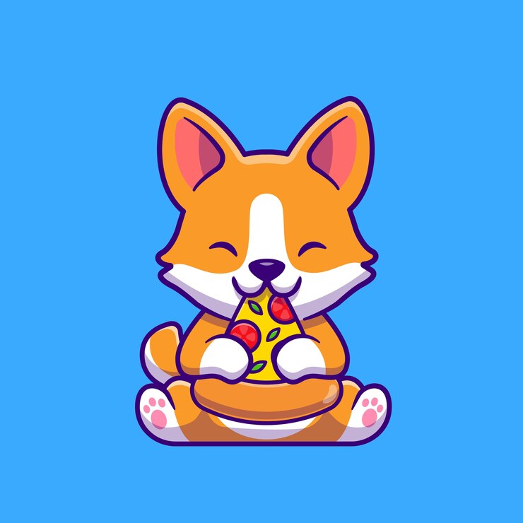Vettore gratuito carino corgi cane mangiare la pizza icona del fumetto illustrazione. concetto di icona cibo animale isolato. stile cartone animato piatto