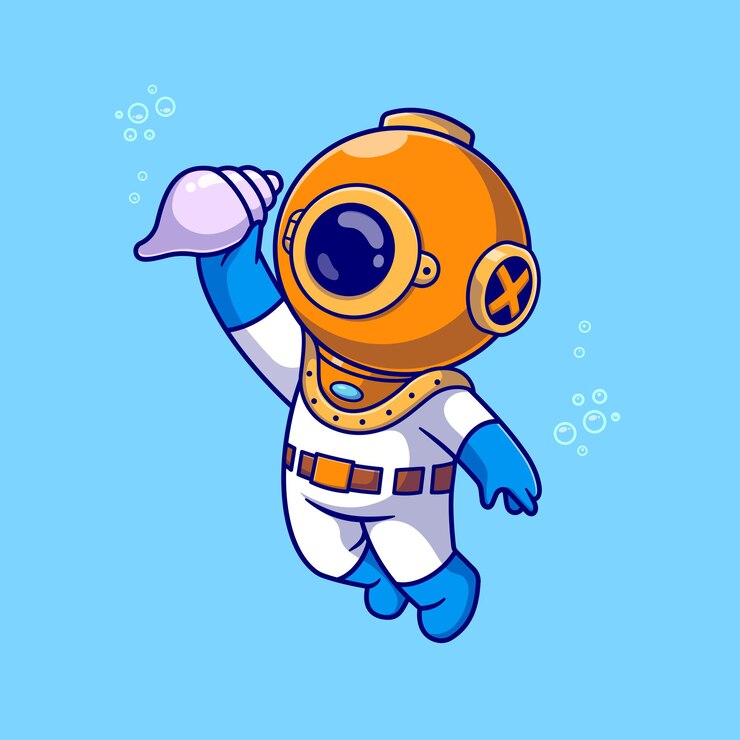 Vettore gratuito carino diver holding shell in ocean cartoon icona vettore illustrazione. icona della natura della scienza isolata