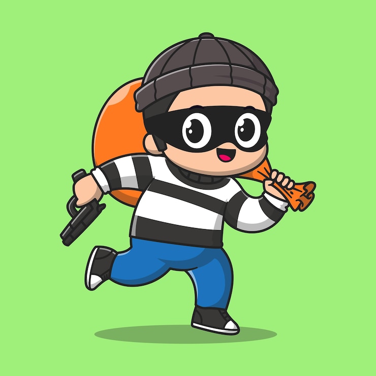 Vettore gratuito carino ladro con borsa e pistola cartoon vector icon illustrazione persone finanze isolato piatto