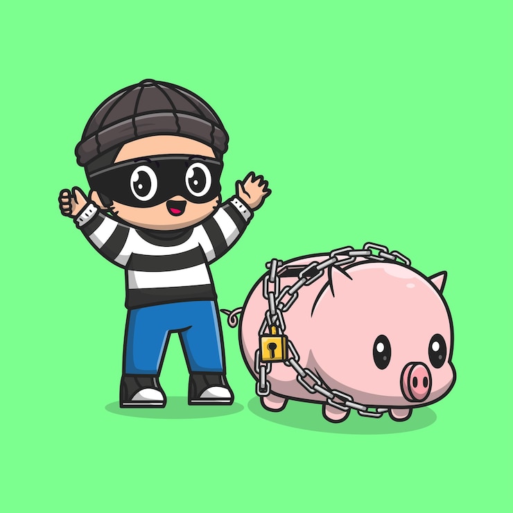 Vettore gratuito carino ladro ruba il maiale con il lucchetto e la catena cartoon icon vector illustrazione persone animali isolati