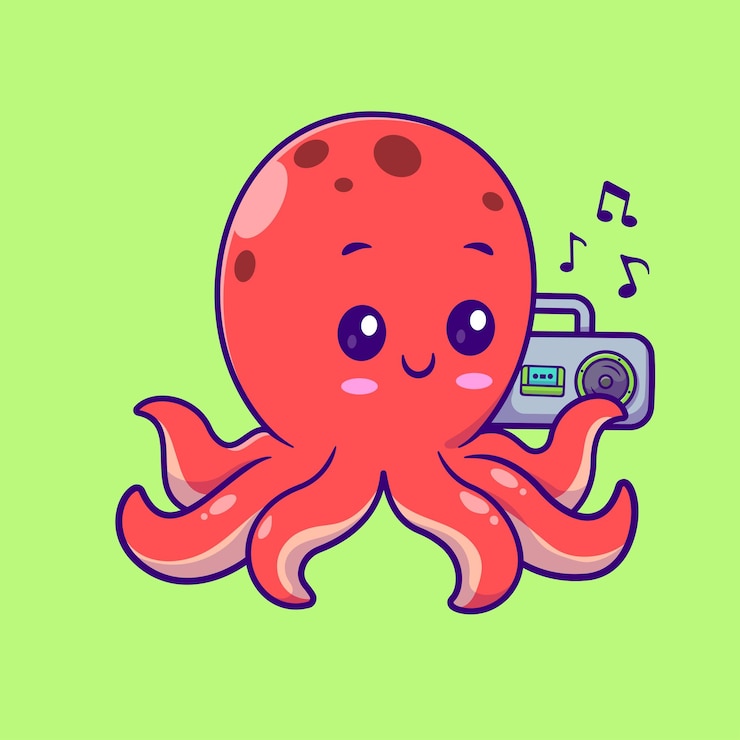 Vettore gratuito carino polpo che ascolta musica con boombox cartoon vector icon illustrazione musica animale isolata