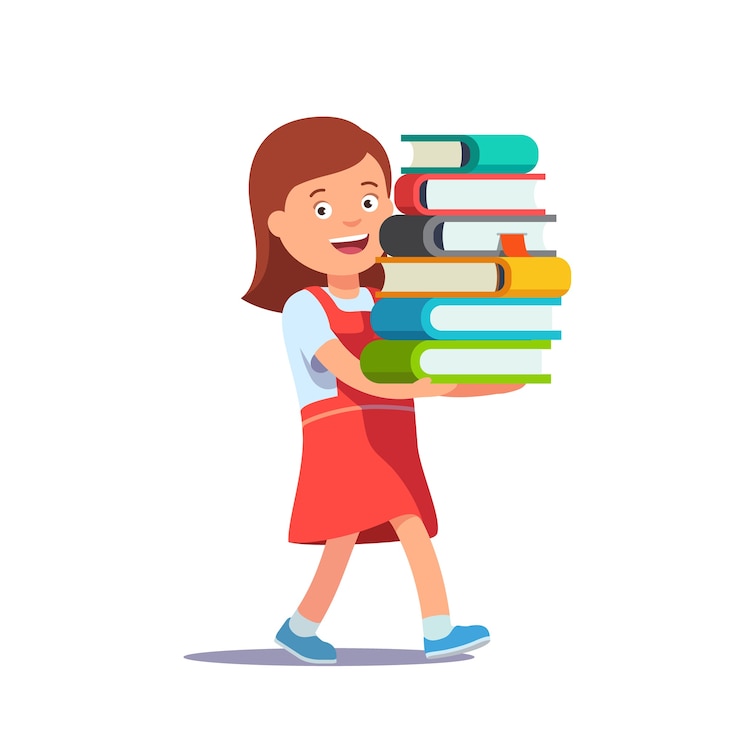 Vettore gratuito carino, ragazza, scuola, portante, grande, mucchio, di, libri