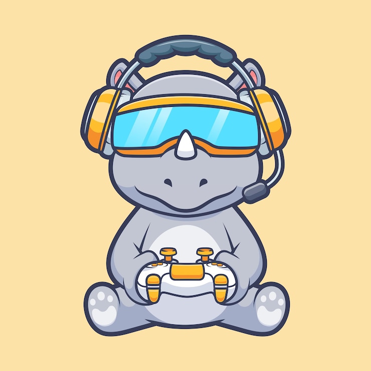 Vettore gratuito carino rhino gioca a vr game con controller cartoon vector icon illustrazione animal technology flat