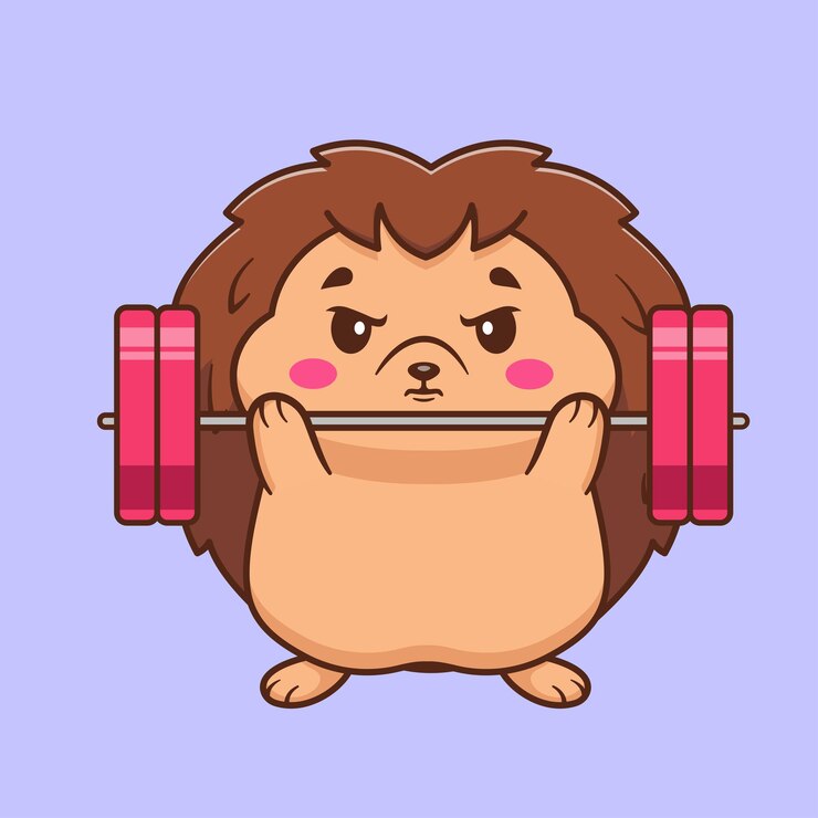 Vettore gratuito carino riccio sollevamento barbell cartone animato vettoriale icona illustrazione animale sport icona isolato piatto