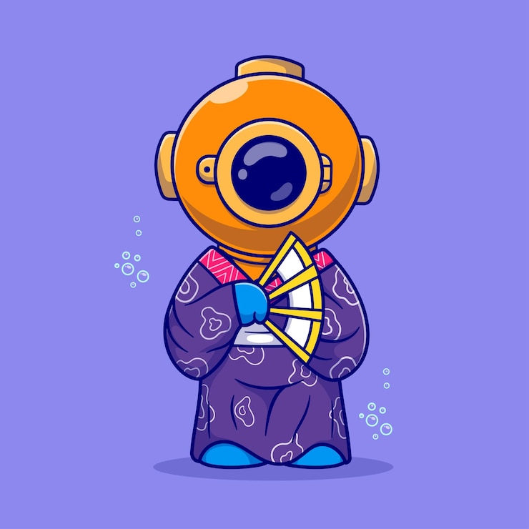Vettore gratuito carino subacqueo che indossa un costume di kimono con ventilatore a mano cartoon icon vector illustration science flat