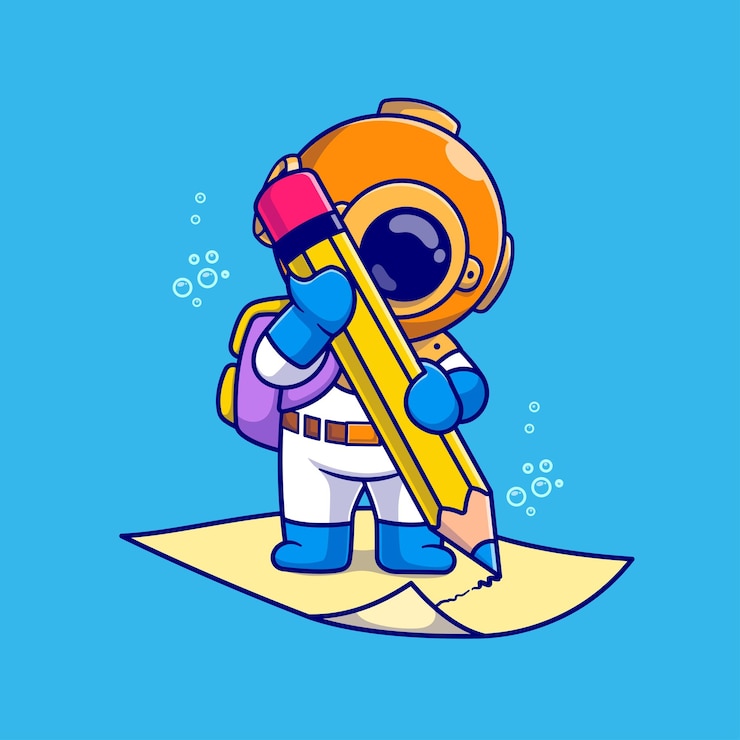 Vettore gratuito carino subacqueo che scrive su carta con la matita cartone animato icona vettoriale illustrazione istruzione scientifica isolata