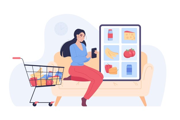 Carrello accanto alla ragazza che ordina cibo tramite app mobile. Tablet sul divano con diversi prodotti alimentari sullo schermo, illustrazione vettoriale piatta del negozio di alimentari online. Concetto di servizio di consegna per banner