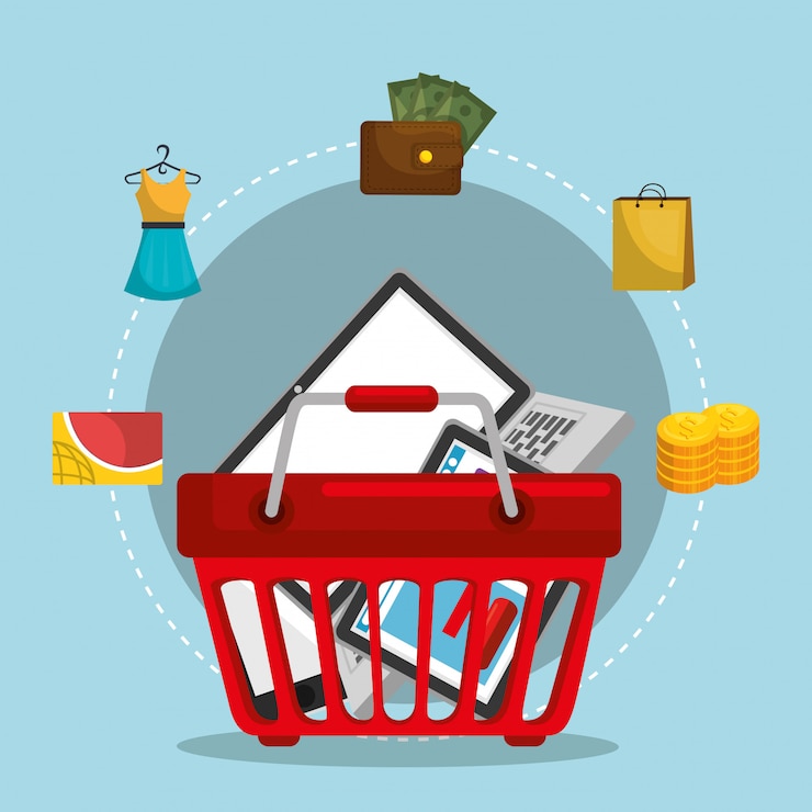 Vettore gratuito carrello della spesa con set di marketing