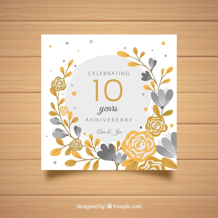 Vettore gratuito carta anniversaty di nozze con fiori dorati