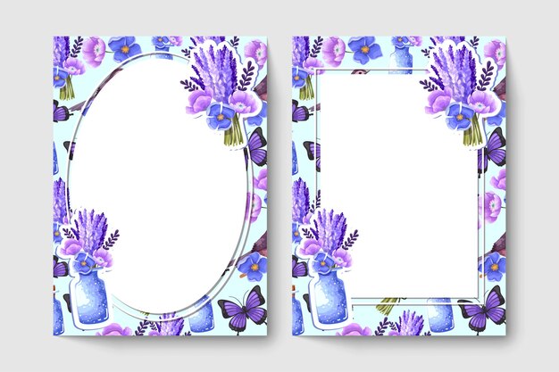 Carta botanica con fiori di colore viola, foglie, vaso.