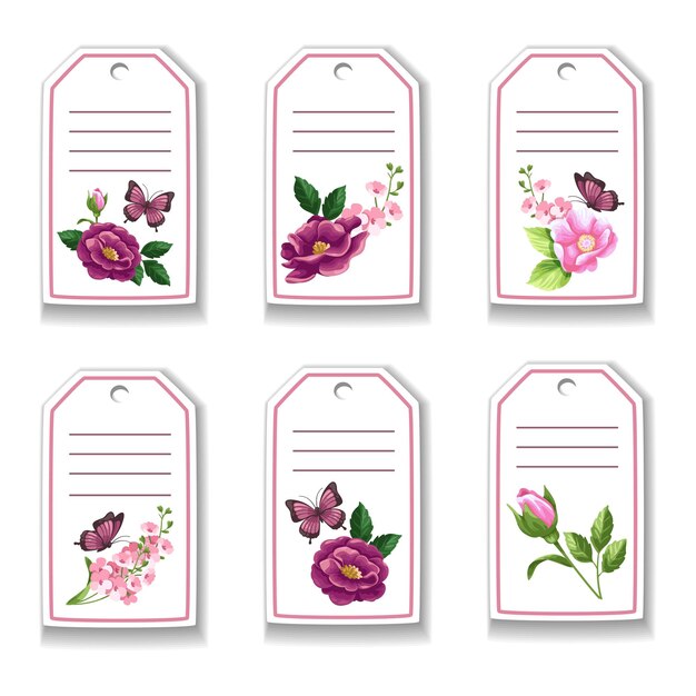Carta botanica con fiori, rose, farfalle, foglie.