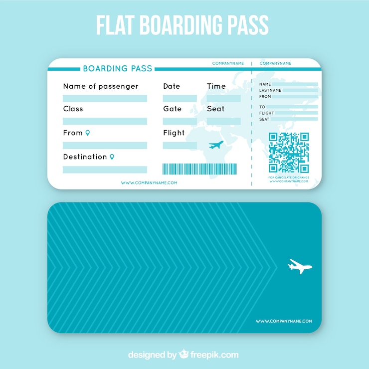 Vettore gratuito carta d&#39;imbarco piano con le linee geometriche e qr code
