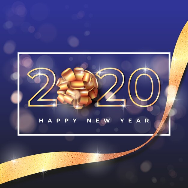 Carta da parati del nuovo anno 2020 con fiocco regalo dorato