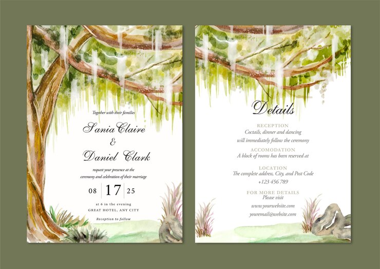 Vettore gratuito carta dell'invito di nozze dell'albero di salice dell'acquerello dipinto a mano