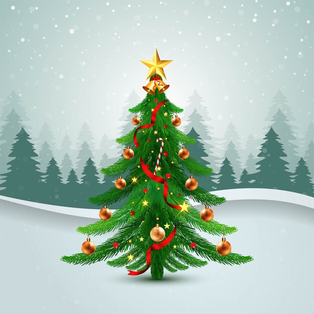 Carta di vacanza albero di Natale decorato con sfondo onda