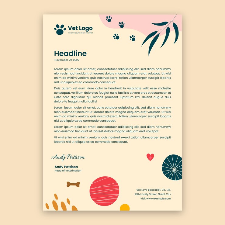 Vettore gratuito carta intestata per clinica veterinaria dal design piatto