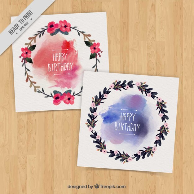 carte di compleanno con corone di fiori con macchie acquerello