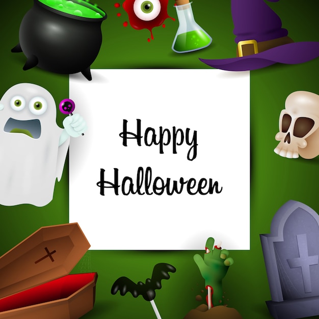 Cartolina d'auguri di Halloween felice con simboli di festa