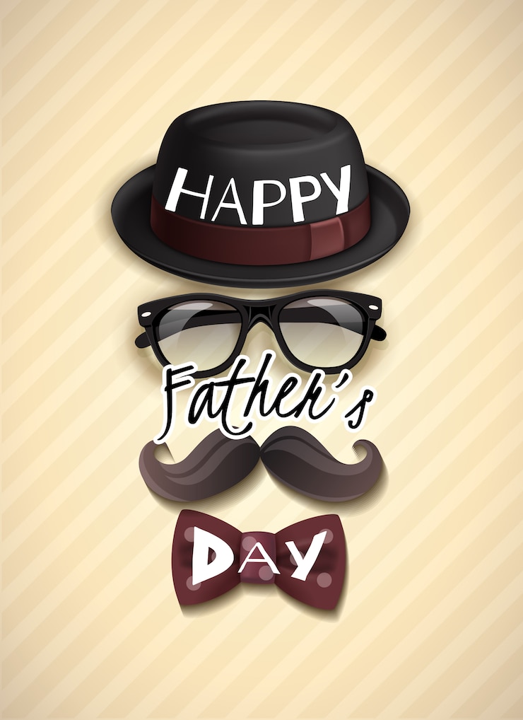 Vettore gratuito cartolina d'auguri di papà con cappello divertente, occhiali, baffi e papillon