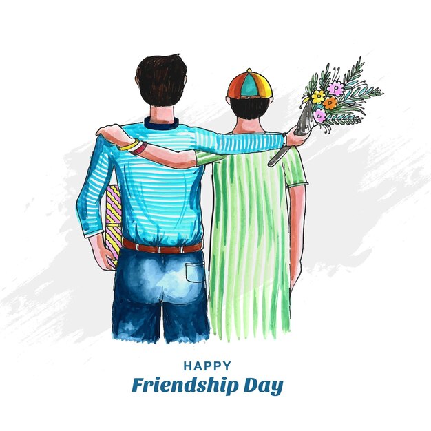 Cartolina d'auguri felice giorno dell'amicizia con vista posteriore di due amici uomini sfondo