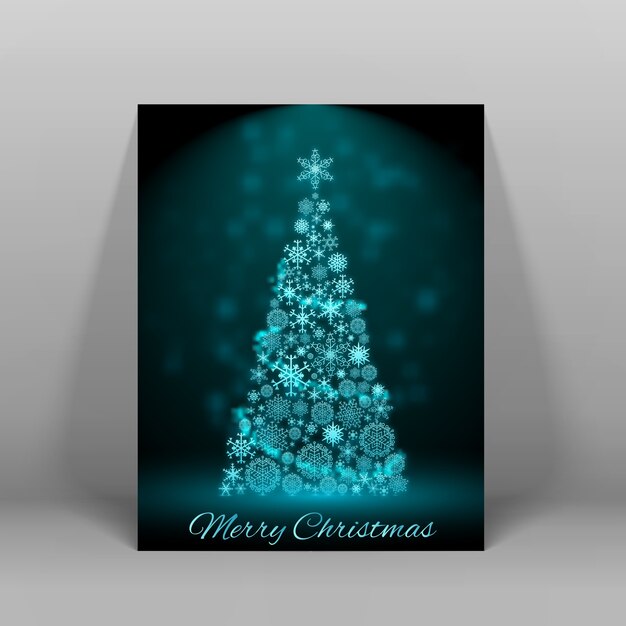 Cartolina di buon natale scuro con grande albero di abete decorato nell'illustrazione piana chiara blu