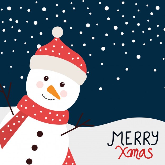 Cartolina di Natale con pupazzo di neve nel paesaggio invernale