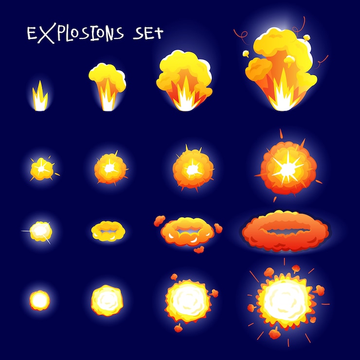 Vettore gratuito cartone animato con effetti di esplosione di diverse dimensioni e forma per animazione flash isolato su oscurità