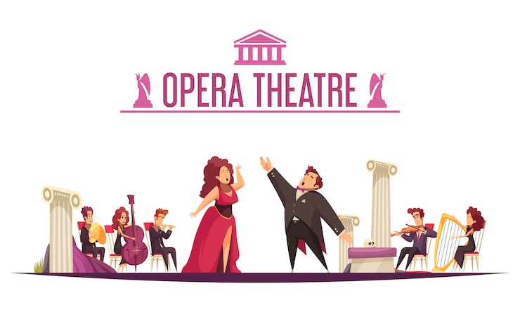 Vettore gratuito cartone animato di annuncio di premier del teatro dell'opera con 2 cantanti, performance in aria e musicisti sul palco