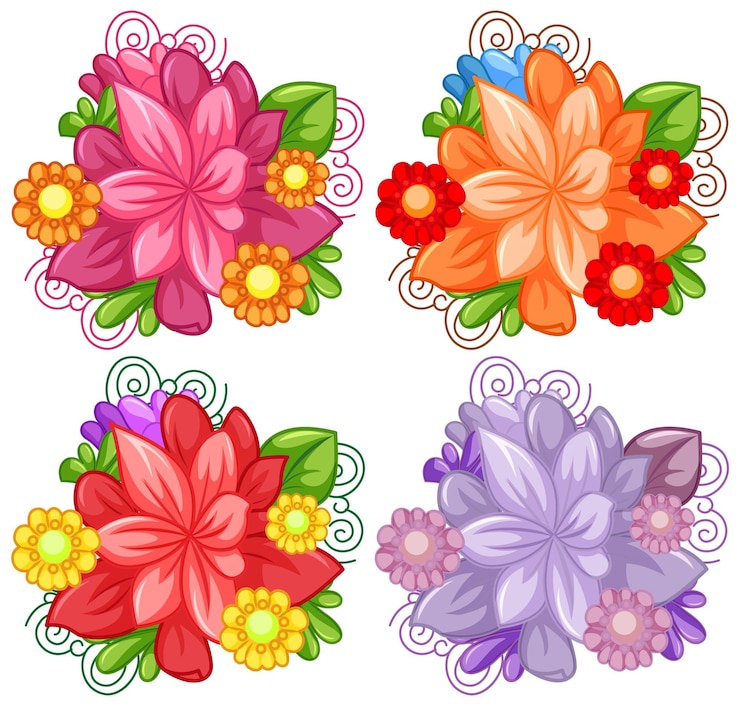 Vettore gratuito cartone animato di fiori colorati per set di decorazioni estive