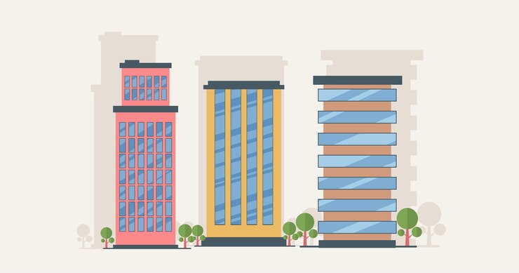 Vettore gratuito cartone animato edificio tradizionale e moderno illustrazione di concetto di design piatto, concetto di costruzione di affari immobiliari