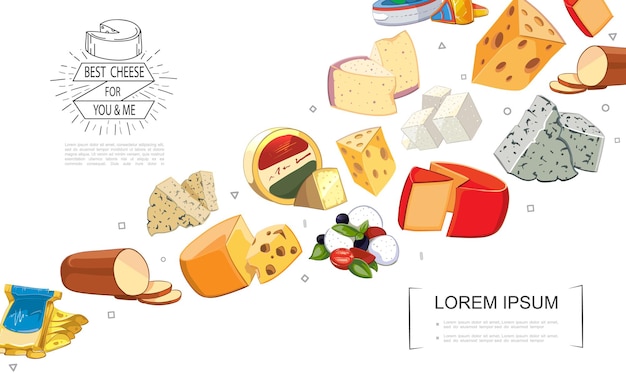 Cartone animato formaggio fresco ordina modello con gouda dorblu grano padano raclette danablu maasdam mozzarella cheddar feta formaggio affumicato