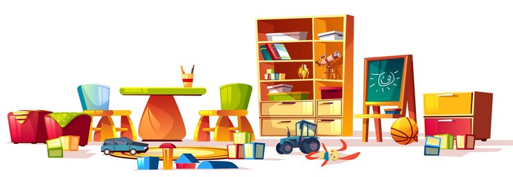 Vettore gratuito cartone animato insieme di elementi per l'asilo nido per bambini interni, parco giochi.