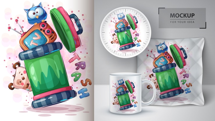 Vettore gratuito cartone animato spazzatura poster e merchandising peluche