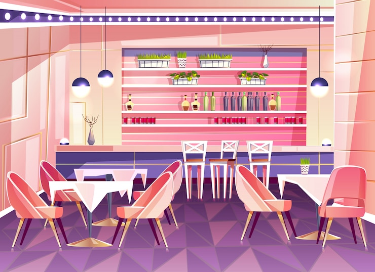 Vettore gratuito cartoon cafe con bancone bar - interni accoglienti con piante in vasi, tavoli e sedie.