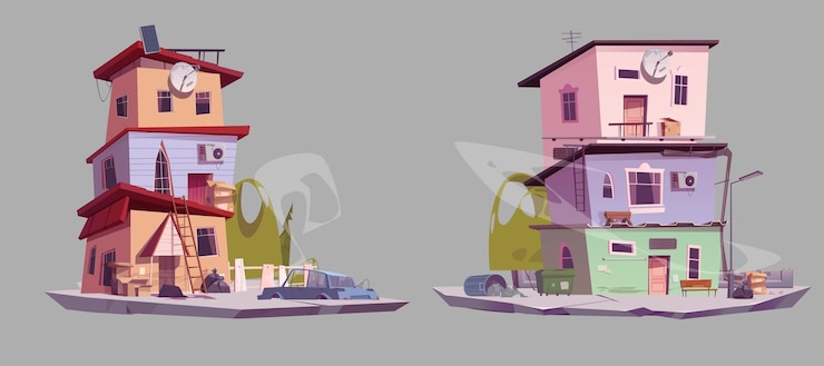 Vettore gratuito cartoon edifici abbandonati a più piani