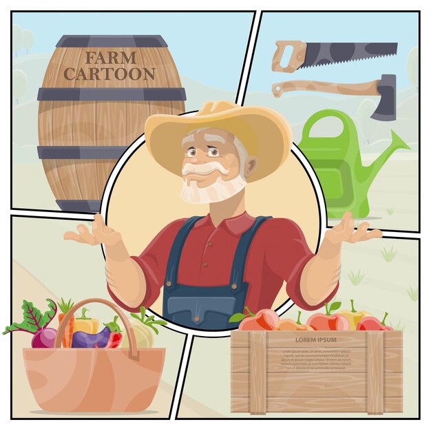 Cartoon fattoria composizione colorata con ascia visto annaffiatoio barile di legno contadino cassa di mele e cesto di verdure