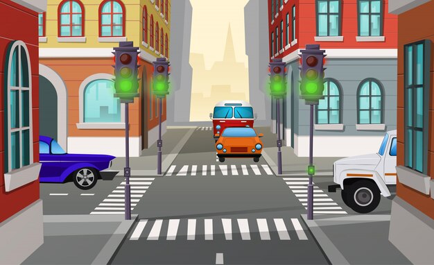 cartoon illustrazione città crocevia con semafori verdi e auto, intersezione di strade