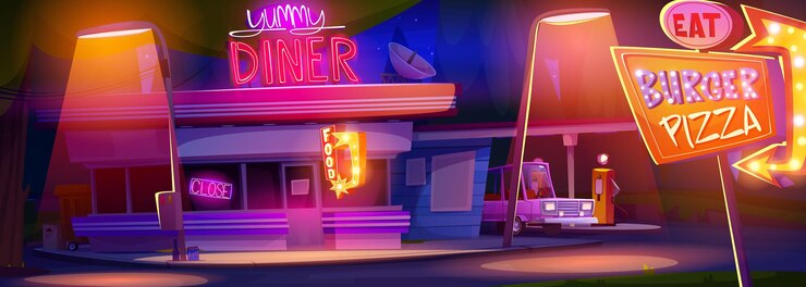 Vettore gratuito cartoon night diner caffè con luci al neon luminose