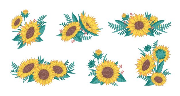 Cartoon set di girasoli con foglie verdi bacche e ramoscelli isolati su sfondo bianco illustrazione vettoriale