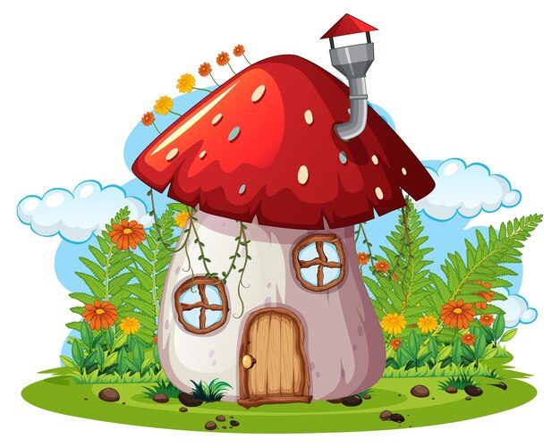 Casa dei funghi di fantasia isolata su bianco