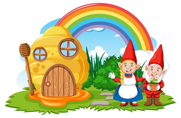 Casa dell'alveare dell'ape di fantasia con l'arcobaleno nel cielo