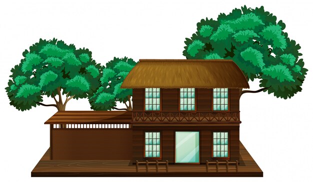 Casa di legno con la scena dell'illustrazione degli alberi