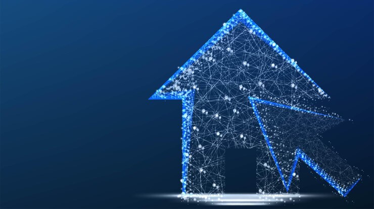 Vettore gratuito casa e cursore home segno astratto poli basso triangolo dot line poligono shine sfondo blu illustrazione vettoriale