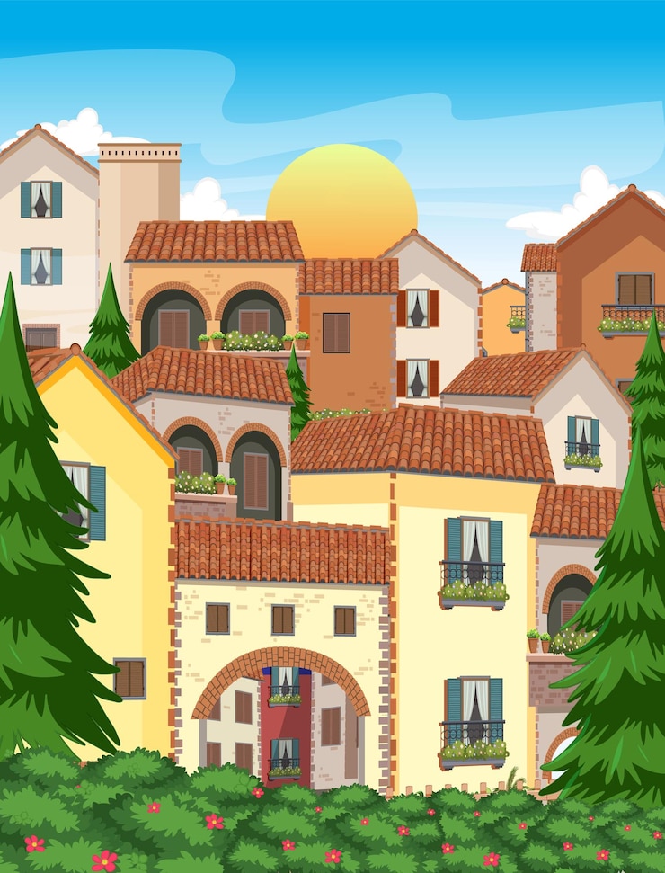 Vettore gratuito casa in stile città italiana e paesaggio edilizio