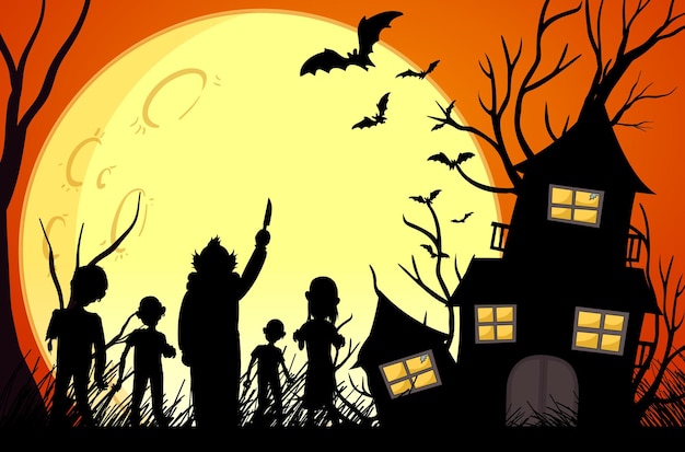 Casa stregata e silhouette di zombi su sfondo completo